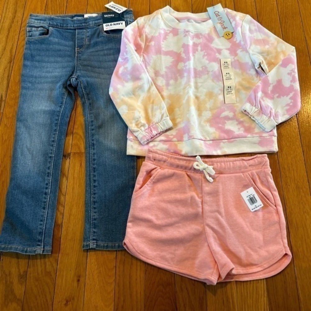 New 3 Piece Lot Old Navy Blue Skinny Jeans Shorts Cat & Jack Sweatshirt Size 4T